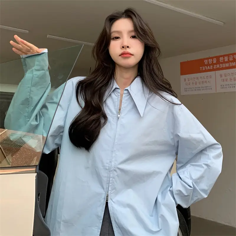 Women Korean Style Light Blue Split Shirt Spring Autumn — feature 4