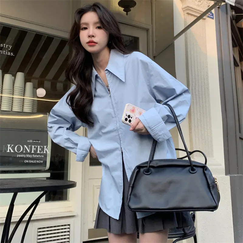 Women Korean Style Light Blue Split Shirt Spring Autumn — feature 5