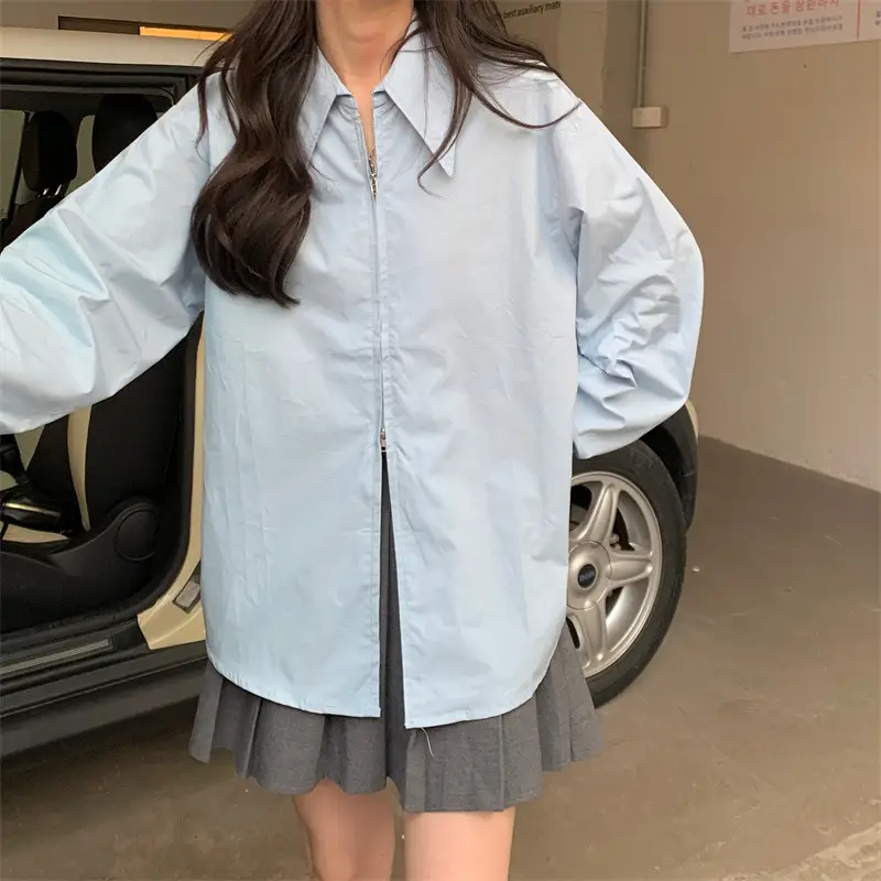 Women Korean Style Light Blue Split Shirt Spring Autumn — feature 6