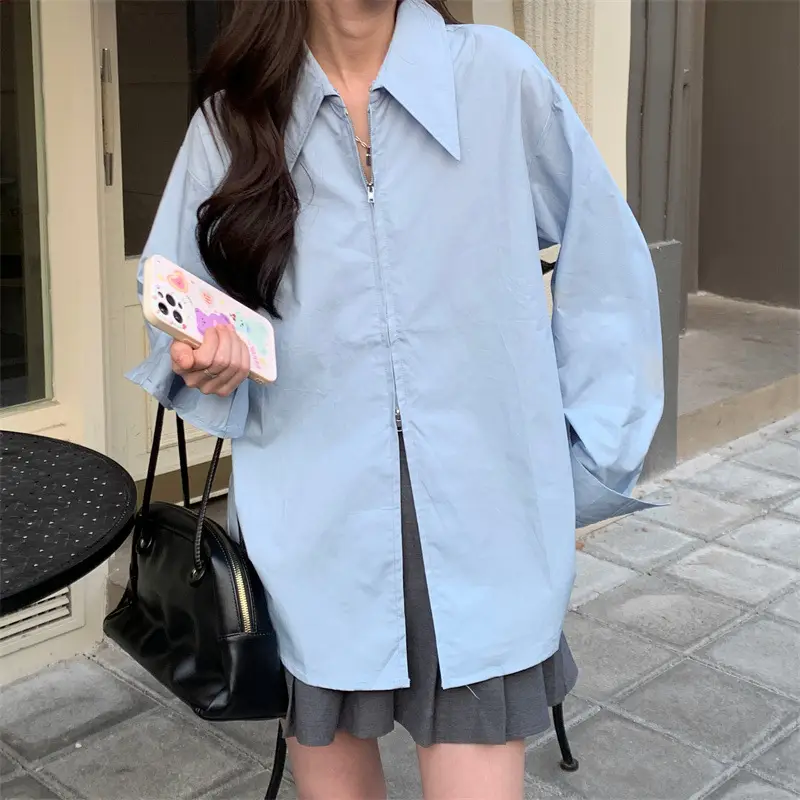 Women Korean Style Light Blue Split Shirt Spring Autumn — feature 8