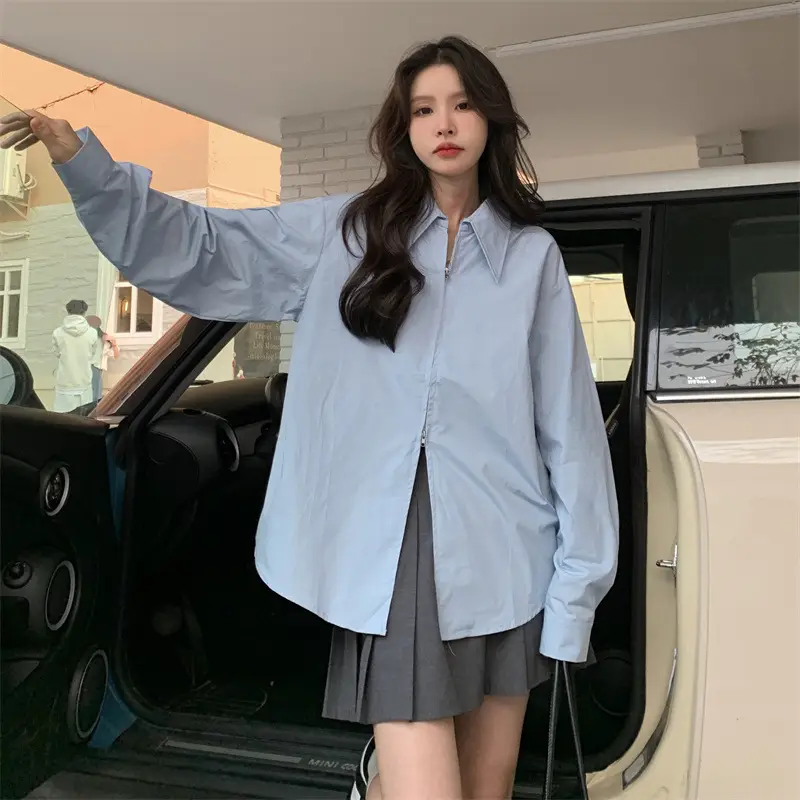 Women Korean Style Light Blue Split Shirt Spring Autumn — feature 9