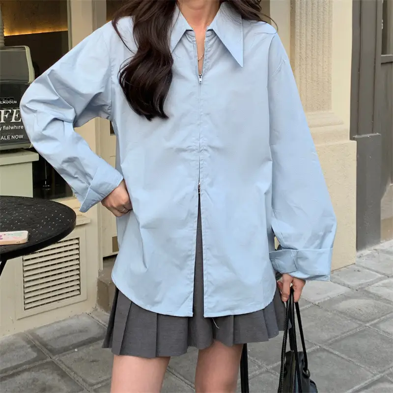 Women Korean Style Light Blue Split Shirt Spring Autumn