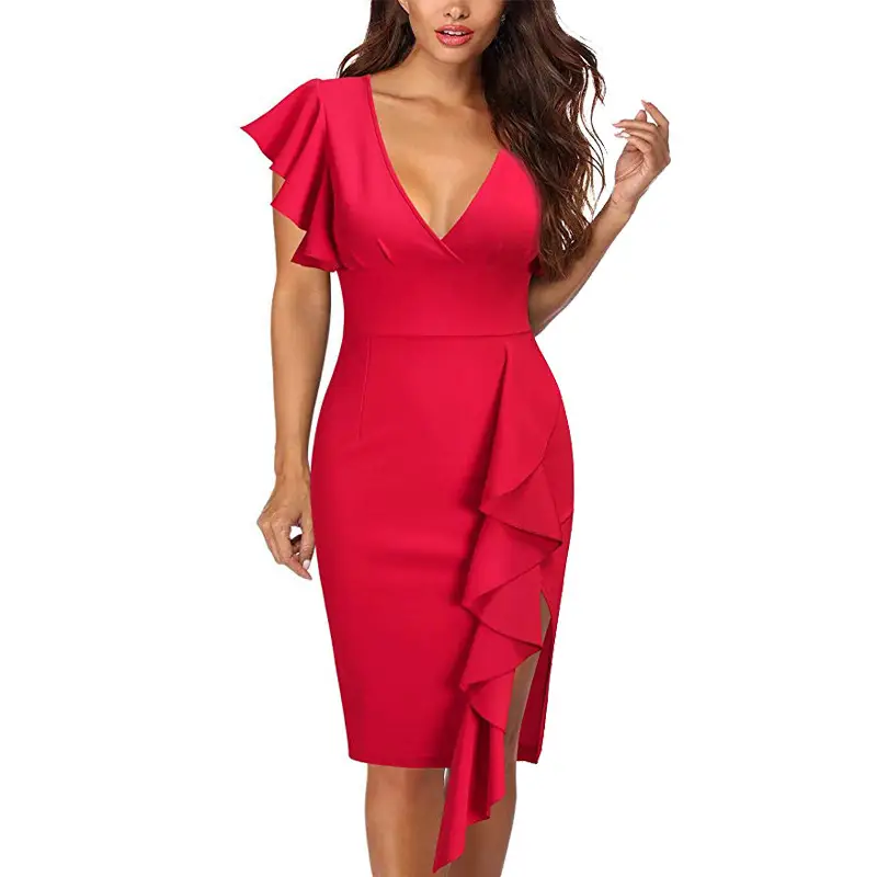 Green Ruffled Sleeve Pencil Dress for Women - Image 2
