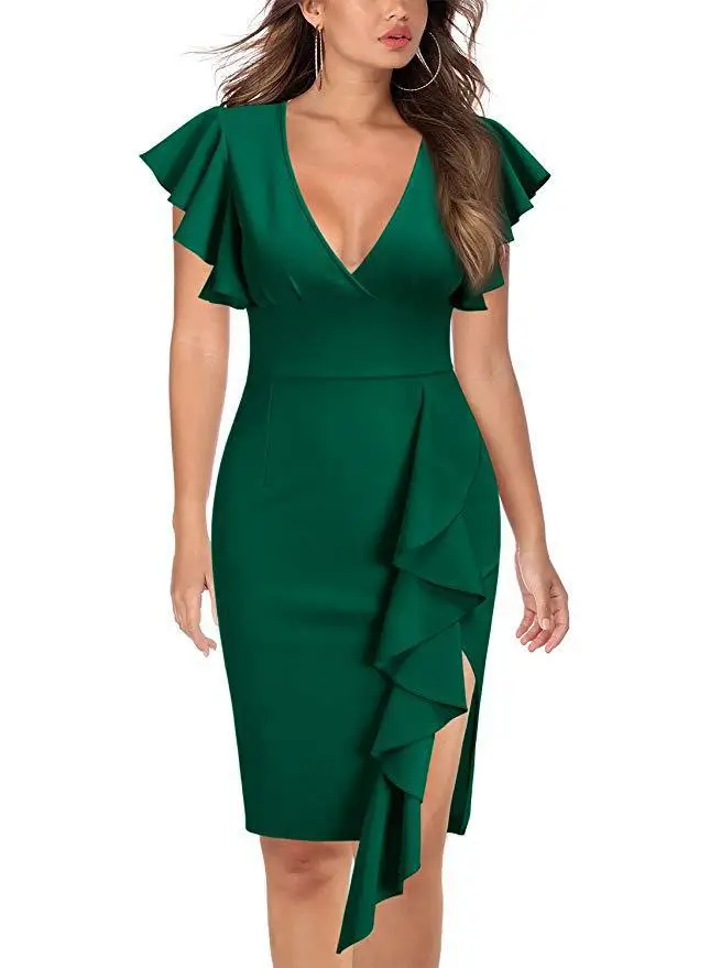 Green Ruffled Sleeve Pencil Dress for Women - Image 3