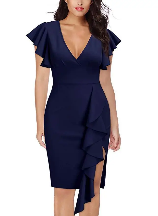 Green Ruffled Sleeve Pencil Dress for Women - Image 4
