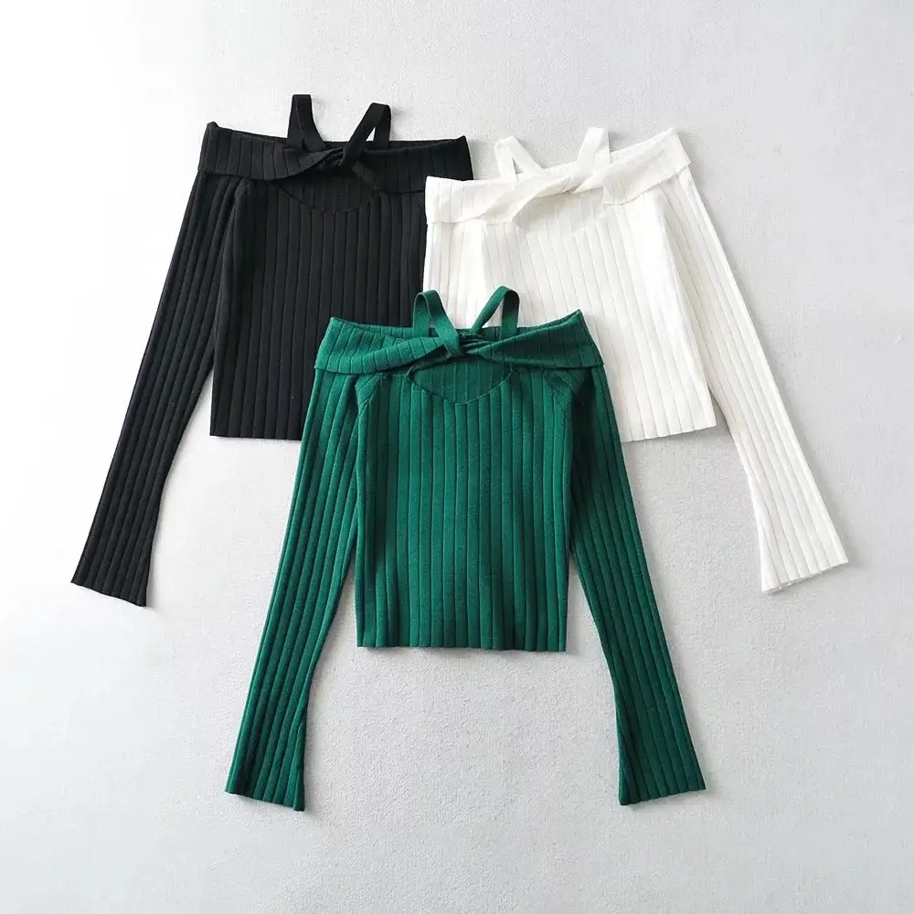 Women Neck Collar Slim Sweater Set Black White Green - Image 4