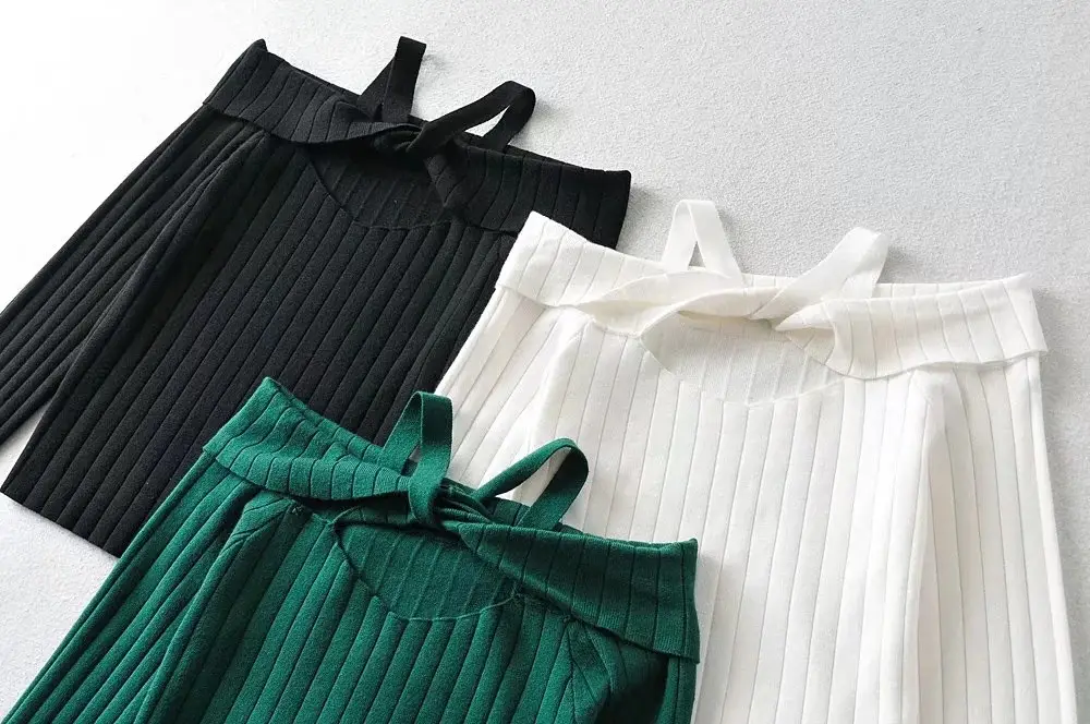 Women Neck Collar Slim Sweater Set Black White Green - Image 5