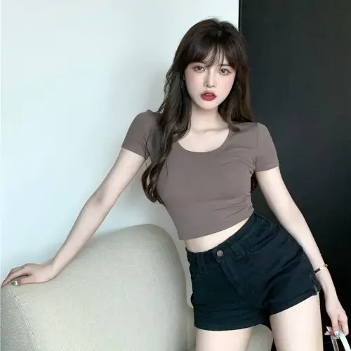 Women Black Crop Top Short Sleeve 2025