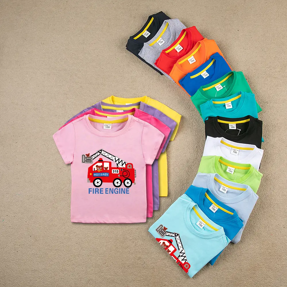 2022 Kids Fire Engine T-Shirt Orange Cotton Round Neck Short Sleeve - Image 19