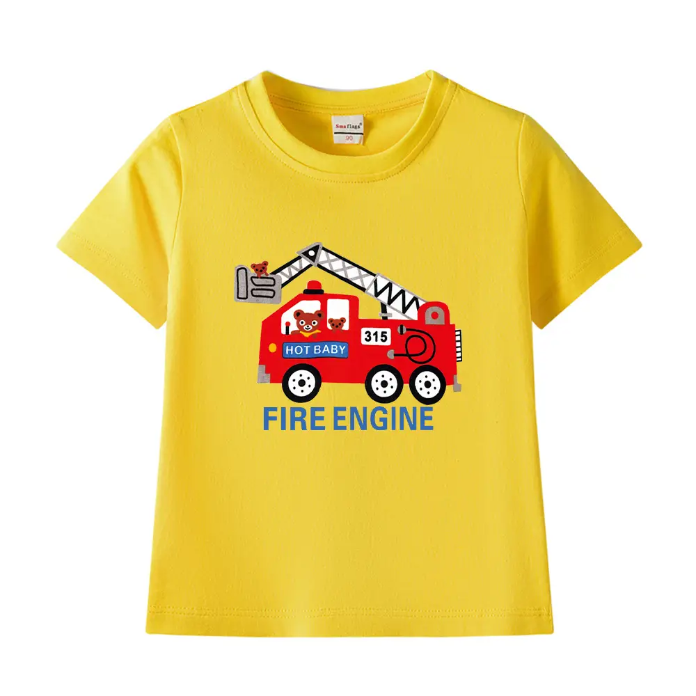 2022 Kids Fire Engine T-Shirt Orange Cotton Round Neck Short Sleeve - Image 20