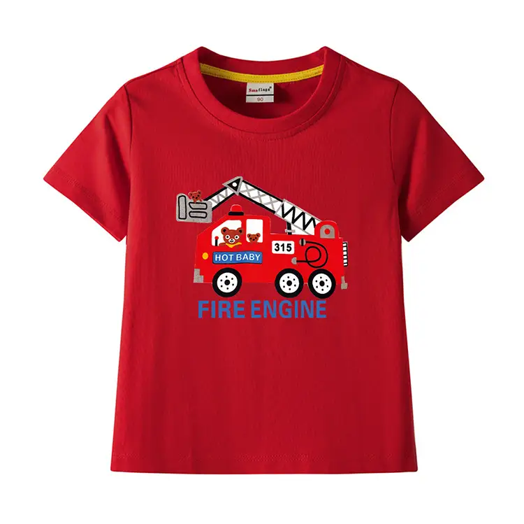2022 Kids Fire Engine T-Shirt Orange Cotton Round Neck Short Sleeve — feature 5