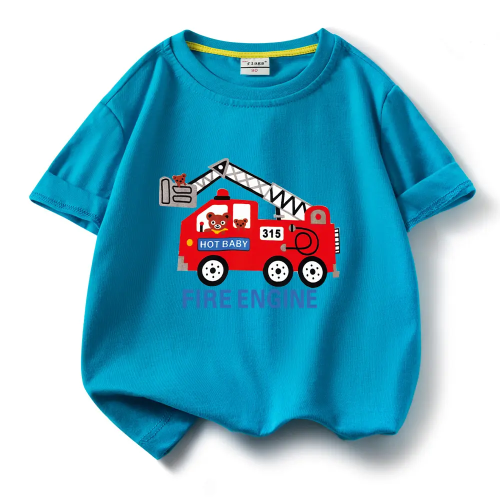 2022 Kids Fire Engine T-Shirt Orange Cotton Round Neck Short Sleeve - Image 10