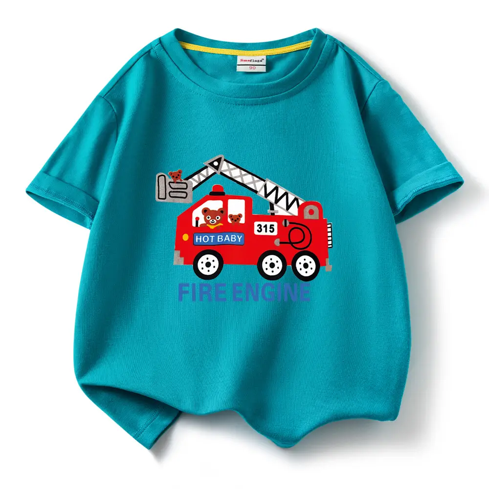 2022 Kids Fire Engine T-Shirt Orange Cotton Round Neck Short Sleeve - Image 11