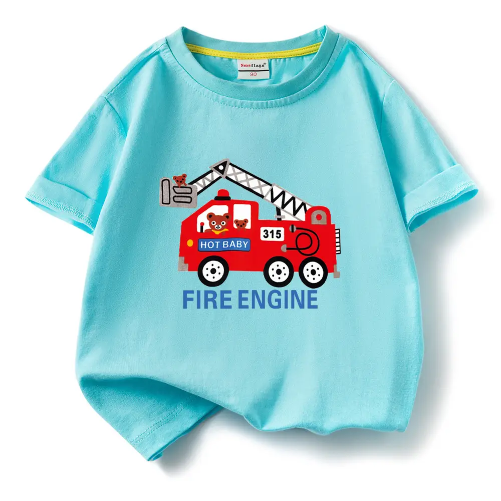 2022 Kids Fire Engine T-Shirt Orange Cotton Round Neck Short Sleeve - Image 12
