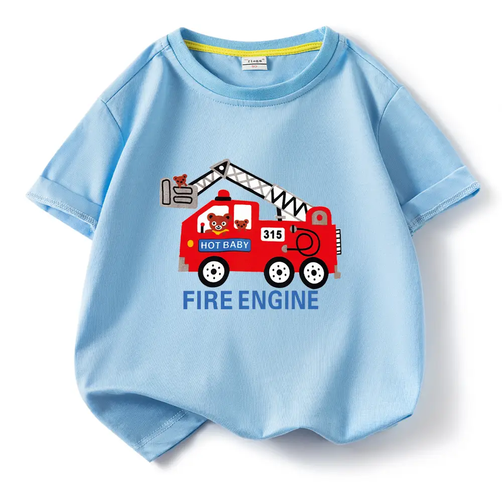 2022 Kids Fire Engine T-Shirt Orange Cotton Round Neck Short Sleeve - Image 13