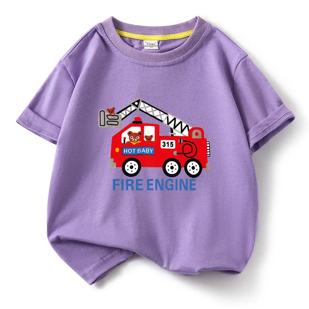 2022 Kids Fire Engine T-Shirt Orange Cotton Round Neck Short Sleeve - Image 15
