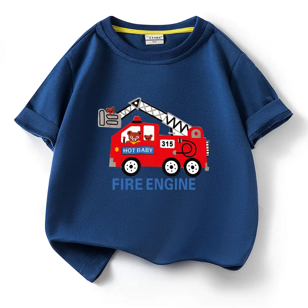 2022 Kids Fire Engine T-Shirt Orange Cotton Round Neck Short Sleeve - Image 16