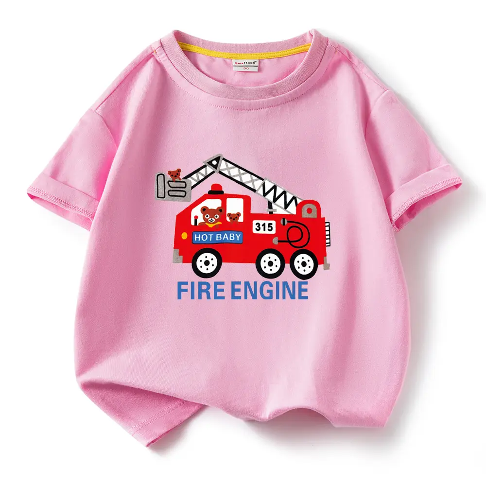 2022 Kids Fire Engine T-Shirt Orange Cotton Round Neck Short Sleeve - Image 2