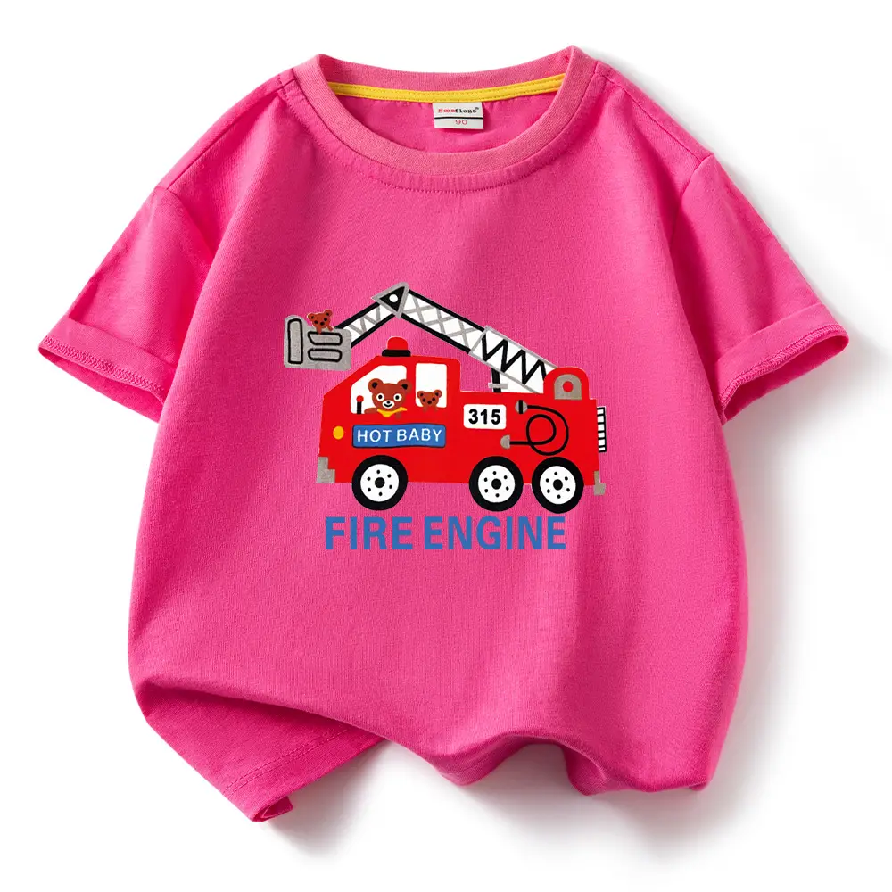 2022 Kids Fire Engine T-Shirt Orange Cotton Round Neck Short Sleeve - Image 3
