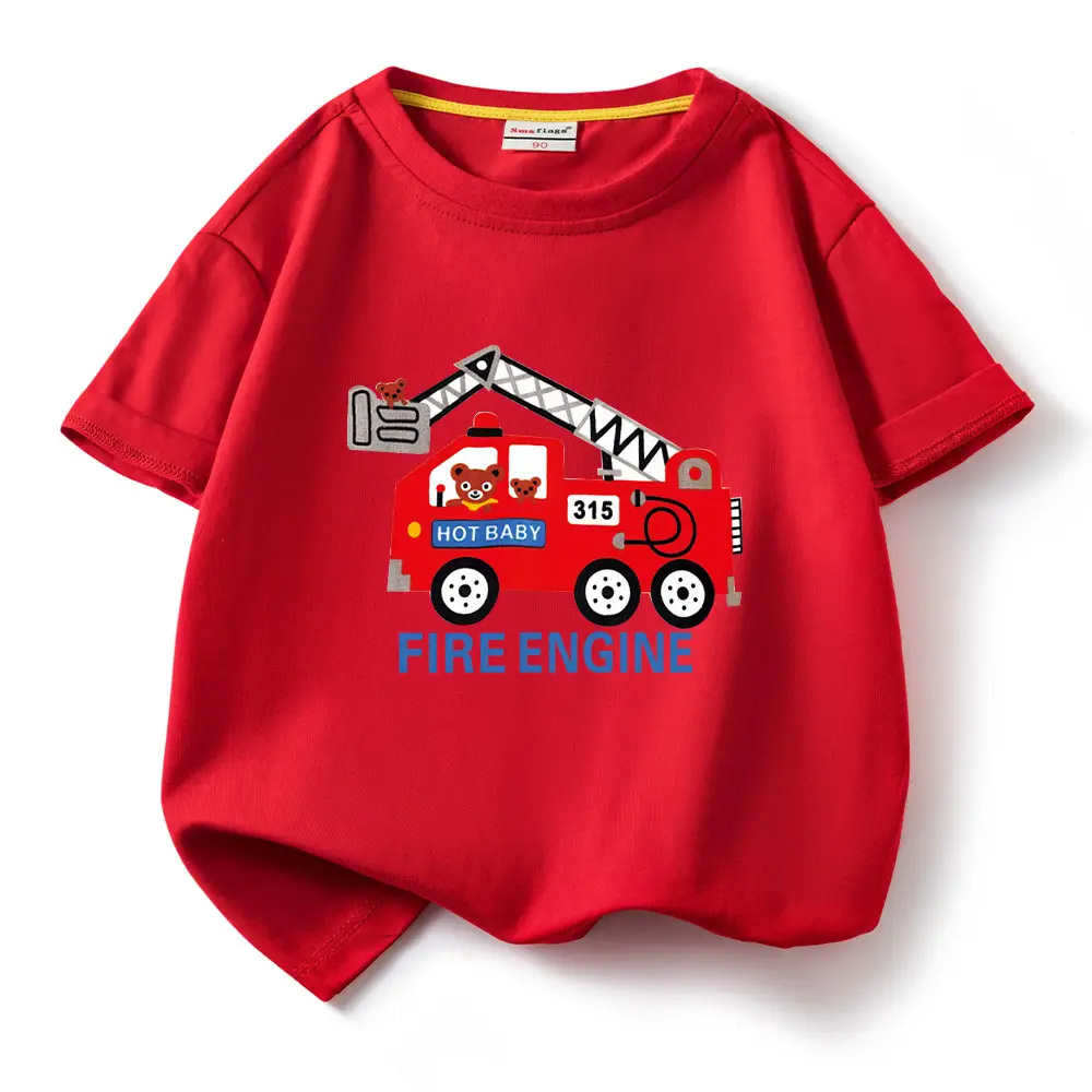 2022 Kids Fire Engine T-Shirt Orange Cotton Round Neck Short Sleeve - Image 4