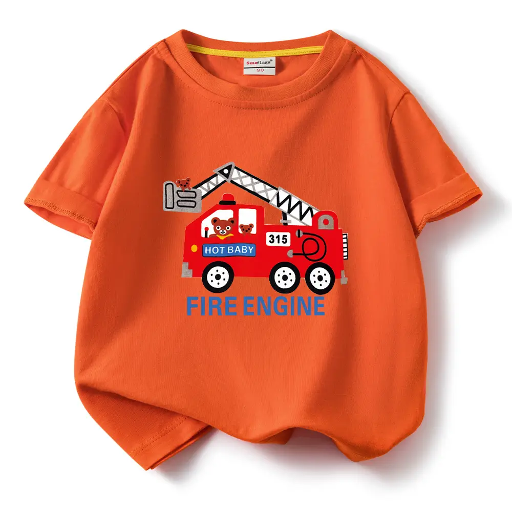 2022 Kids Fire Engine T-Shirt Orange Cotton Round Neck Short Sleeve - Image 5