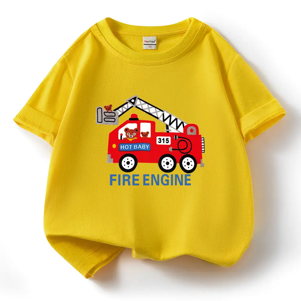 2022 Kids Fire Engine T-Shirt Orange Cotton Round Neck Short Sleeve - Image 6