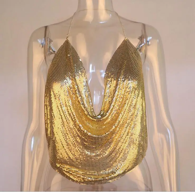 European American Export Backless Metal Sequin Chain Vest Deep V Navel Baring — feature 10