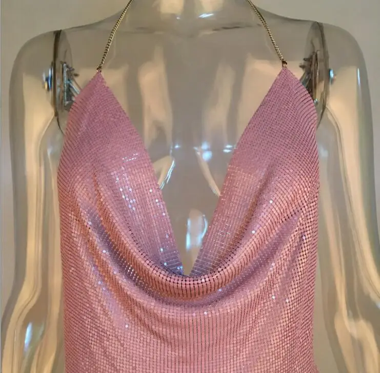 European American Export Backless Metal Sequin Chain Vest Deep V Navel Baring — feature 11