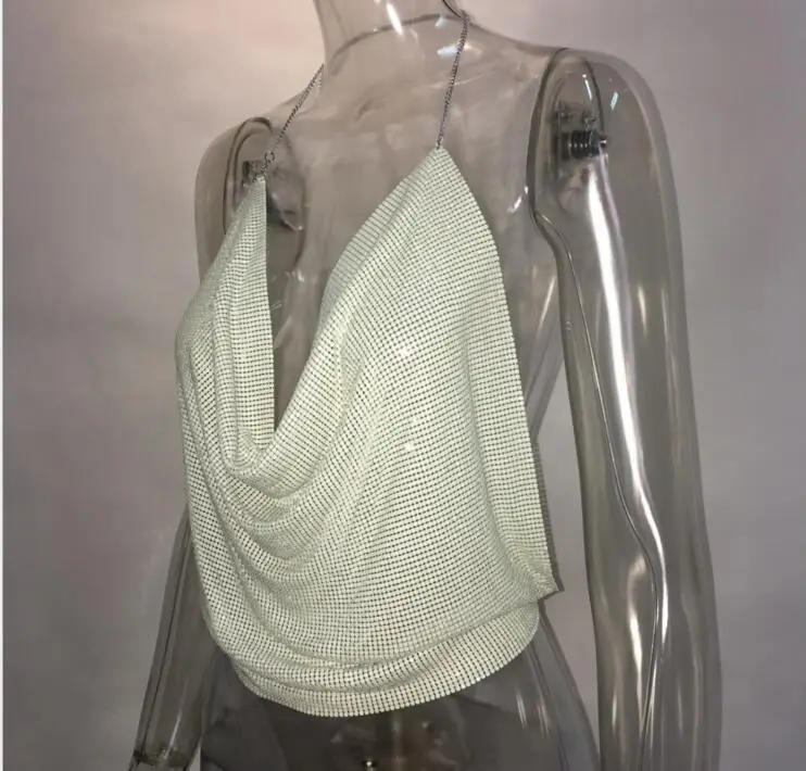 European American Export Backless Metal Sequin Chain Vest Deep V Navel Baring — feature 12