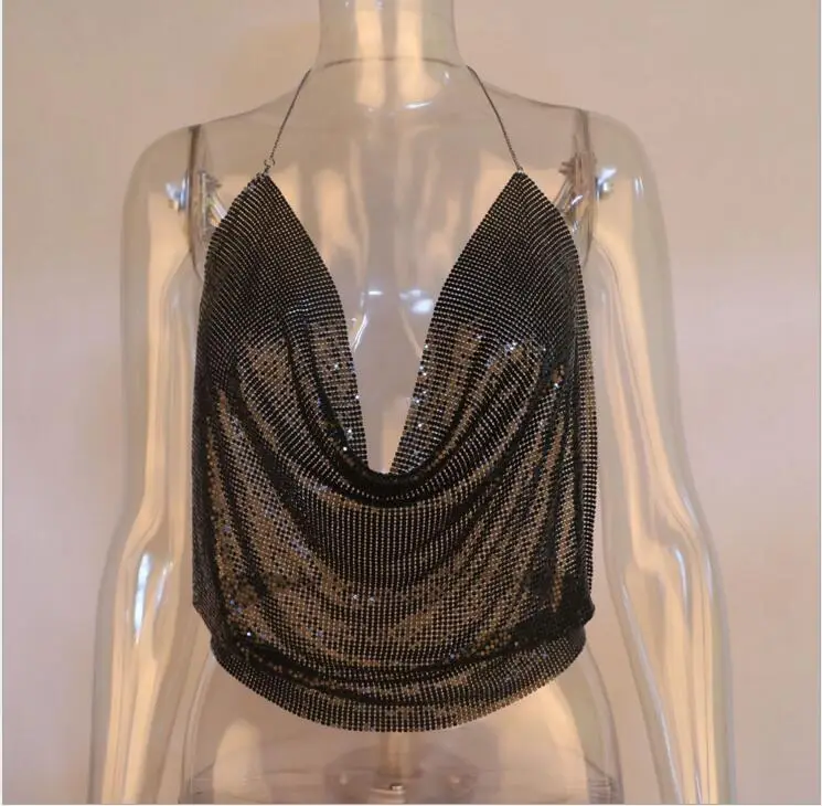 European American Export Backless Metal Sequin Chain Vest Deep V Navel Baring — feature 13