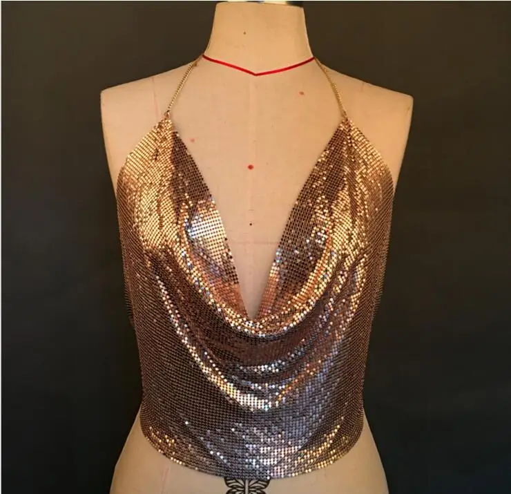 European American Export Backless Metal Sequin Chain Vest Deep V Navel Baring — feature 14