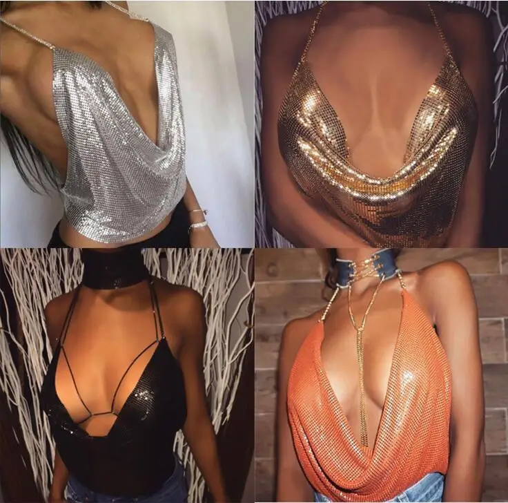 European American Export Backless Metal Sequin Chain Vest Deep V Navel Baring — feature 2