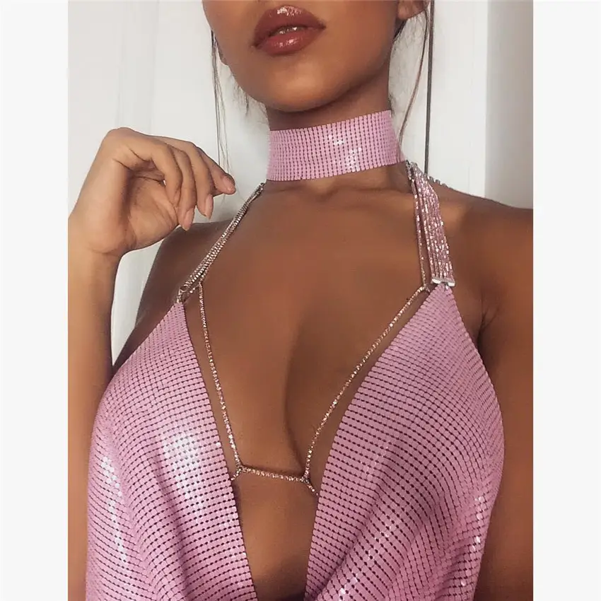 European American Export Backless Metal Sequin Chain Vest Deep V Navel Baring — feature 7