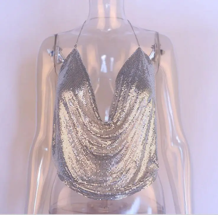 European American Export Backless Metal Sequin Chain Vest Deep V Navel Baring — feature 8