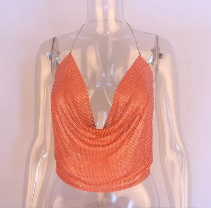 European American Export Backless Metal Sequin Chain Vest Deep V Navel Baring — feature 9