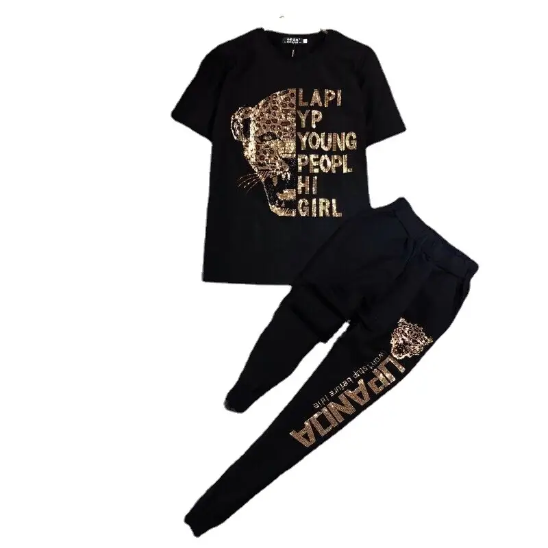 Black Graphic Women's Summer Suit with Gold Chain & Leopard Print