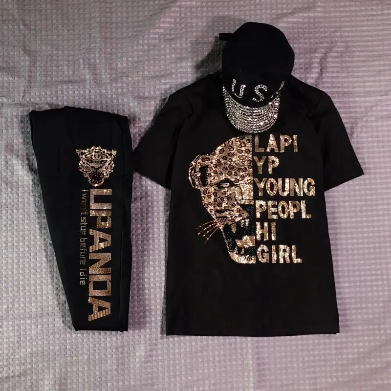 Black Graphic Women's Summer Suit with Gold Chain & Leopard Print — feature 11