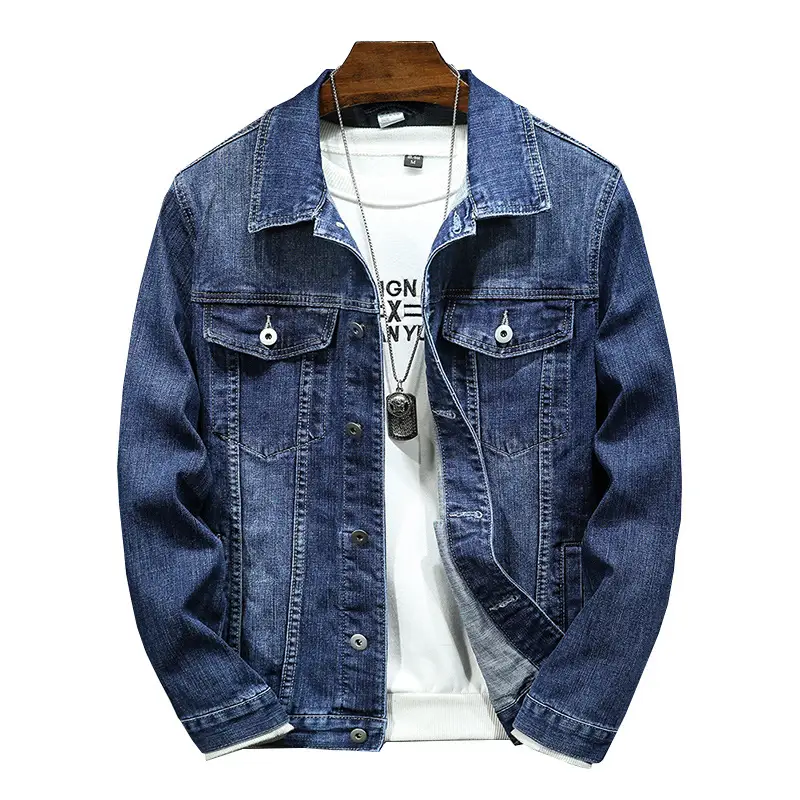 Men's Dark Blue Stretch Denim Jacket Casual Spring