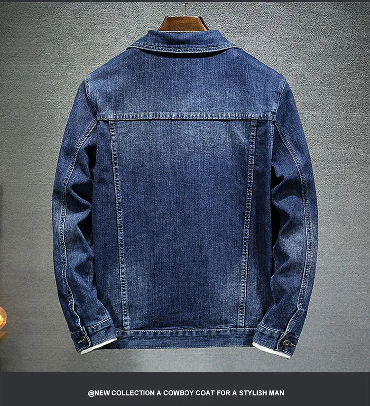 Men's Dark Blue Stretch Denim Jacket Casual Spring — feature 7