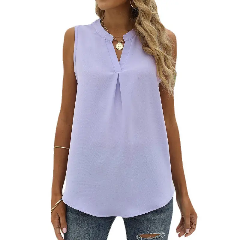 Women's Sleeveless V-Neck Chiffon Shirt Light Blue - Image 8