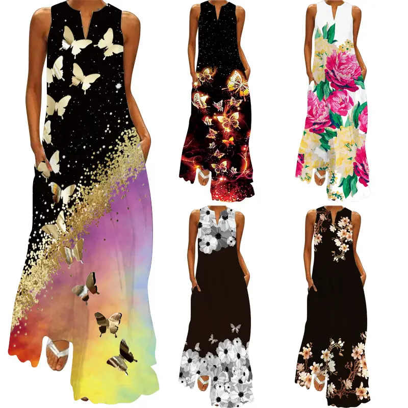 Women Sleeveless V-Neck Dress Brown Floral Butterfly Print