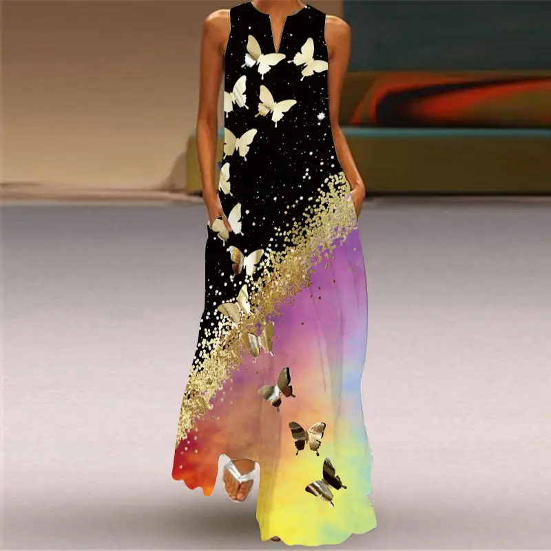Women Sleeveless V-Neck Dress Brown Floral Butterfly Print
