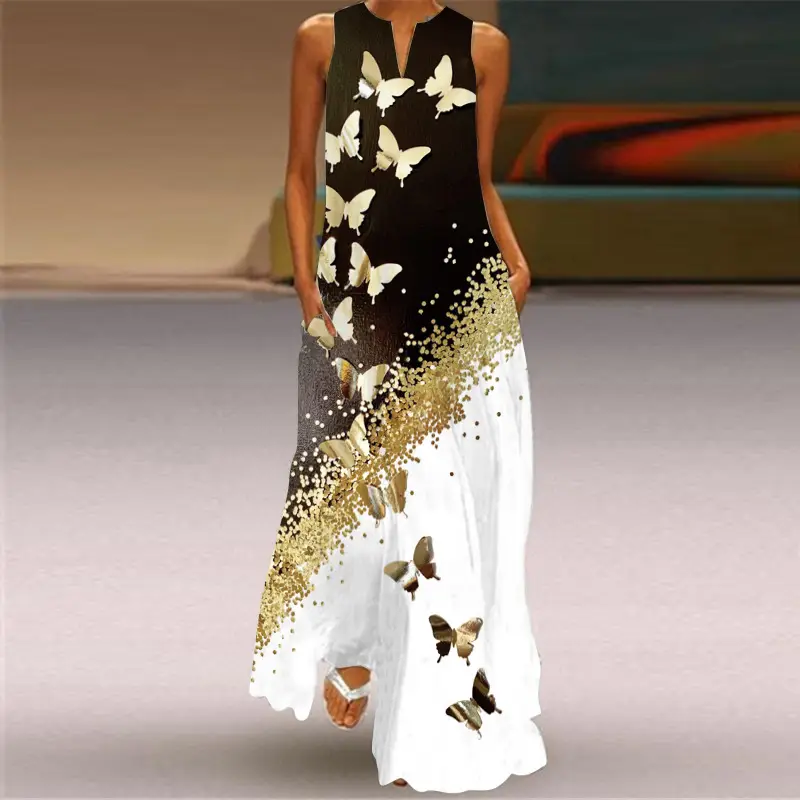 Women Sleeveless V-Neck Dress Brown Floral Butterfly Print