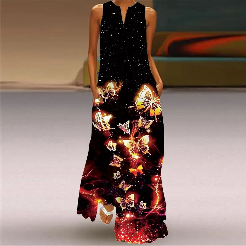 Women Sleeveless V-Neck Dress Brown Floral Butterfly Print