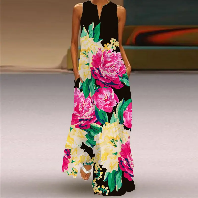 Women Sleeveless V-Neck Dress Brown Floral Butterfly Print