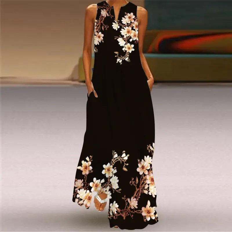 Women Sleeveless V-Neck Dress Brown Floral Butterfly Print