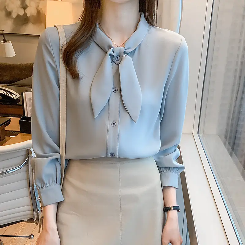 Women Chiffon Bow Tie Shirt White Long Sleeve - Image 3