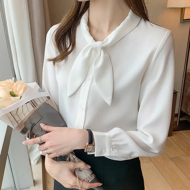 Women Chiffon Bow Tie Shirt White Long Sleeve - Image 4