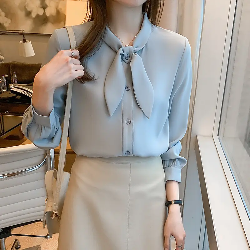 Women Chiffon Bow Tie Shirt White Long Sleeve - Image 5
