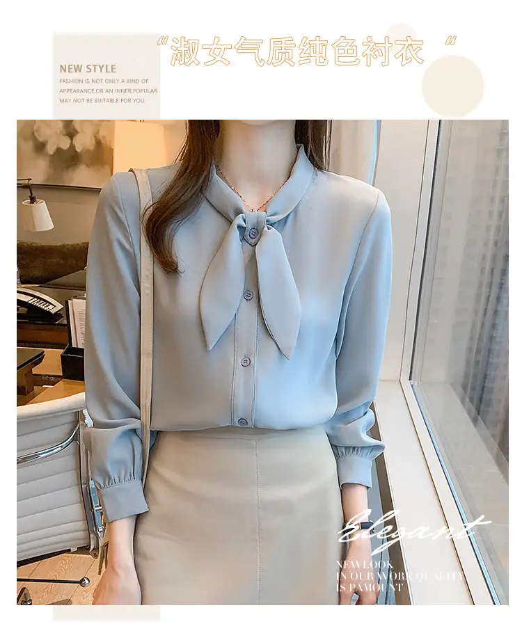 Women Chiffon Bow Tie Shirt White Long Sleeve — feature 1